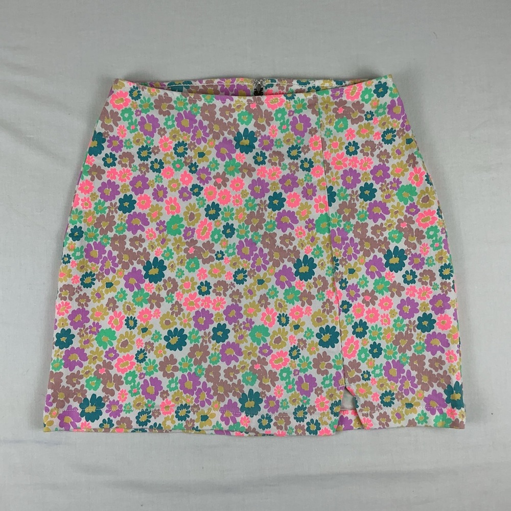 Wild Fable Light Neon Floral Notch Front Seamed Denim Mini Skirt sizeβ 0